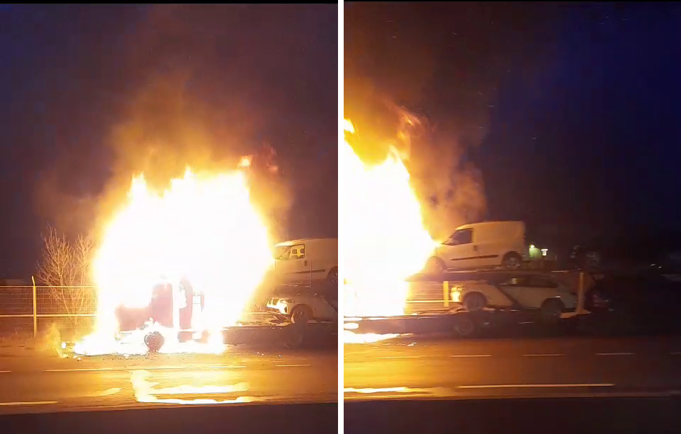 O platformă care transporta șase mașini a luat foc pe DN1. Cabina și patru autoturisme au ars. VIDEO