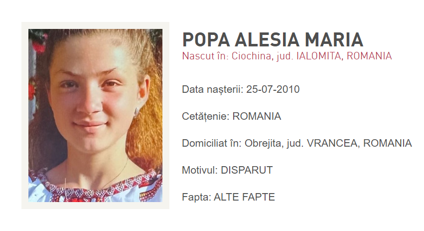 Adolescentă de 13 ani din Vrancea, dată dispărută după ce a plecat de acasă şi nu a mai revenit