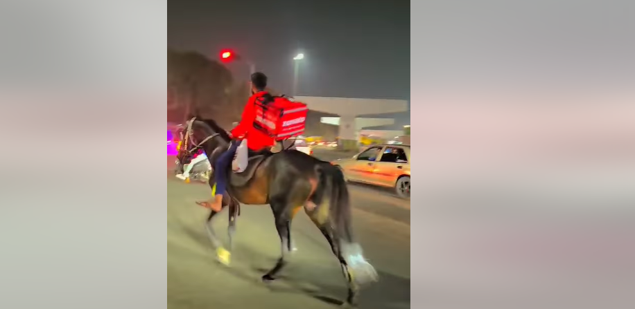 Un curier din India s-a săturat să stea la cozile lungi de la benzină și a livrat mancare călare pe cal. VIDEO