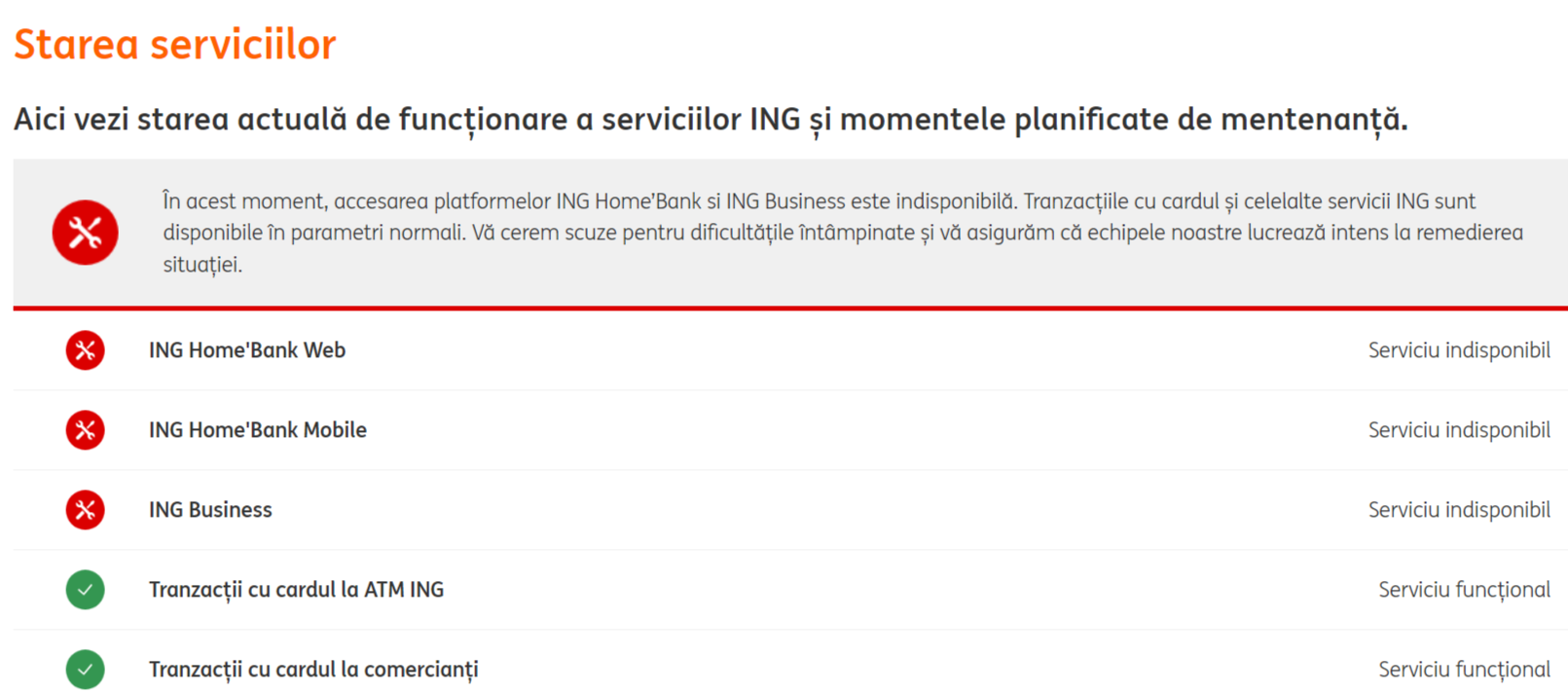 Serviciile ING România, Home Bank și ING Business, indisponibile aproximativ 3 ore: ”Ne cerem scuze pentru disconfort!”