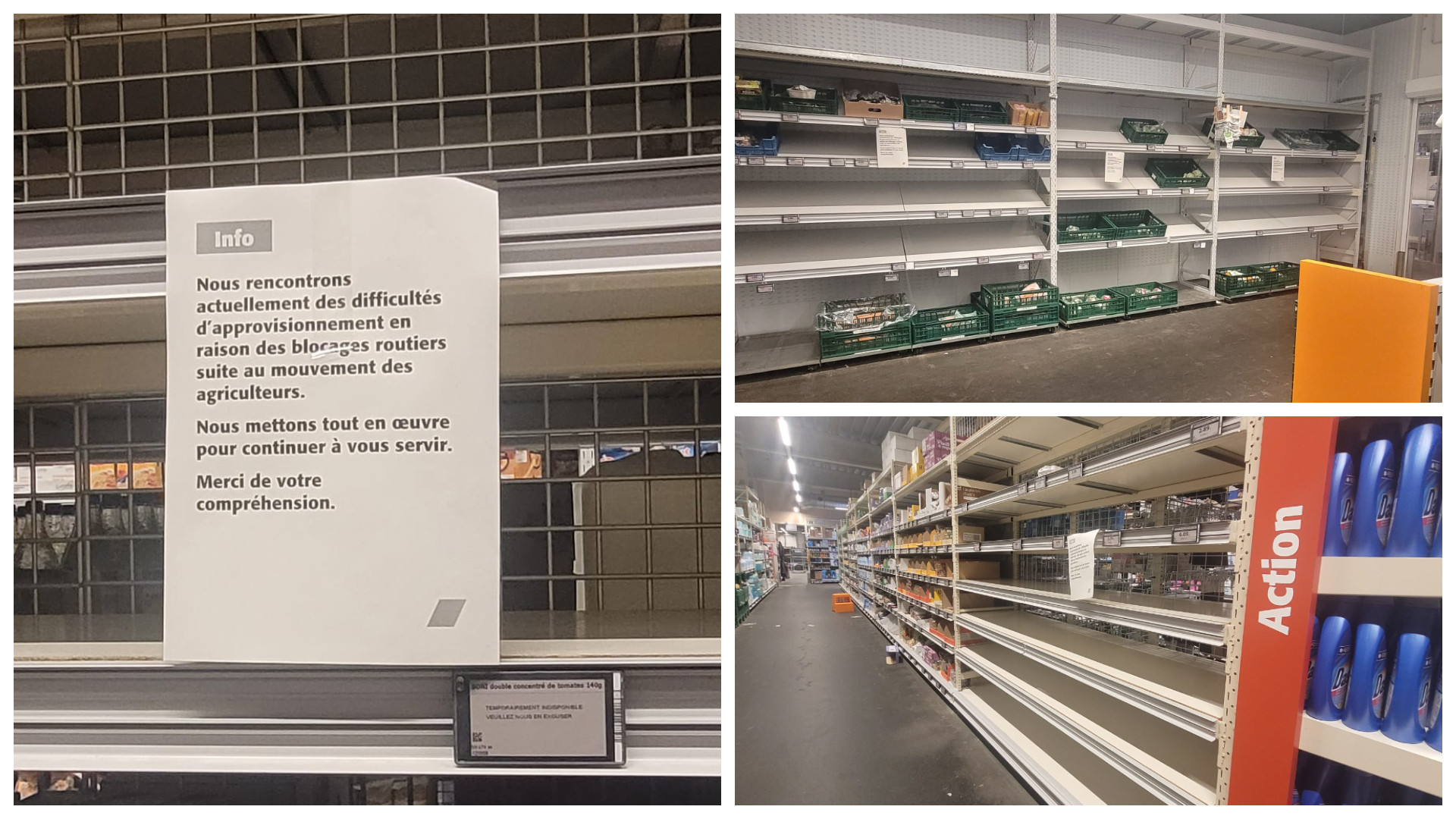 Rafturi goale în supermarketurile din Bruxelles, în urma protestelor fermierilor. Camioanele care fac aprovizionarea, blocate