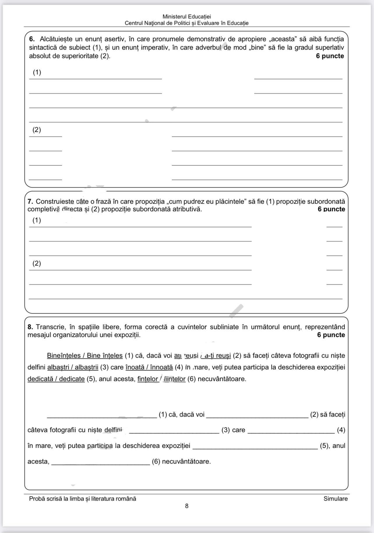 Subiecte simulare limba rom&acirc;nă