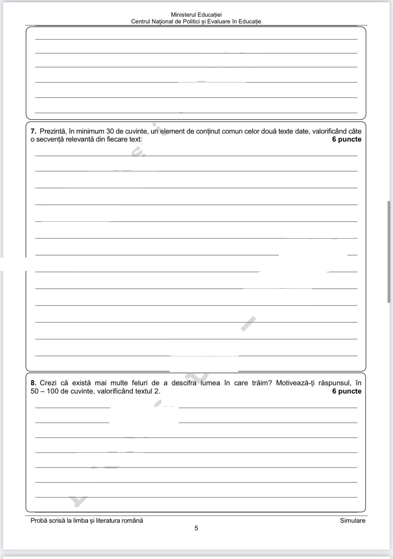 Subiecte simulare limba rom&acirc;nă