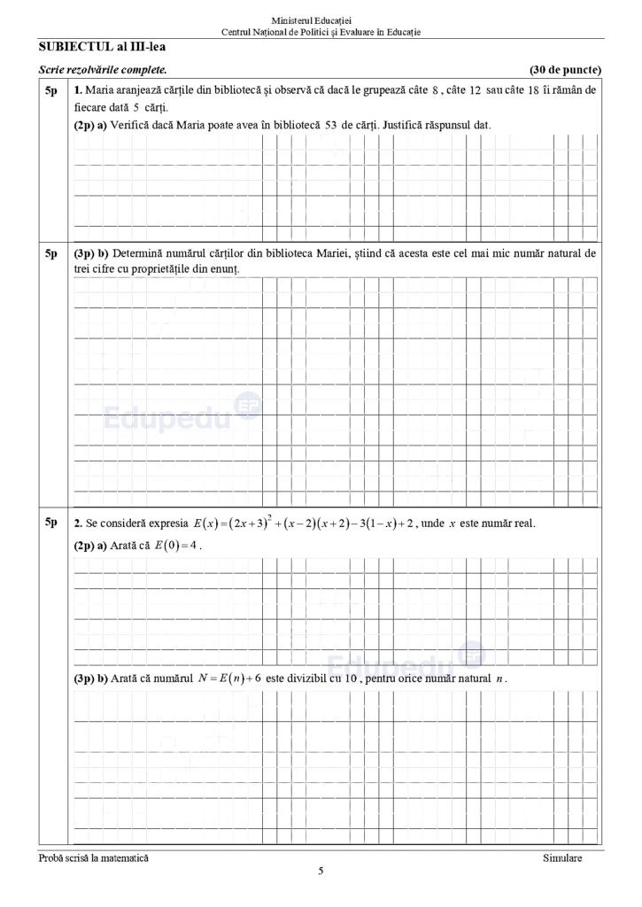 Subiecte simulare Matematica Evaluare Nationala