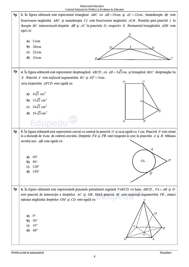 Subiecte simulare Matematica Evaluare Nationala