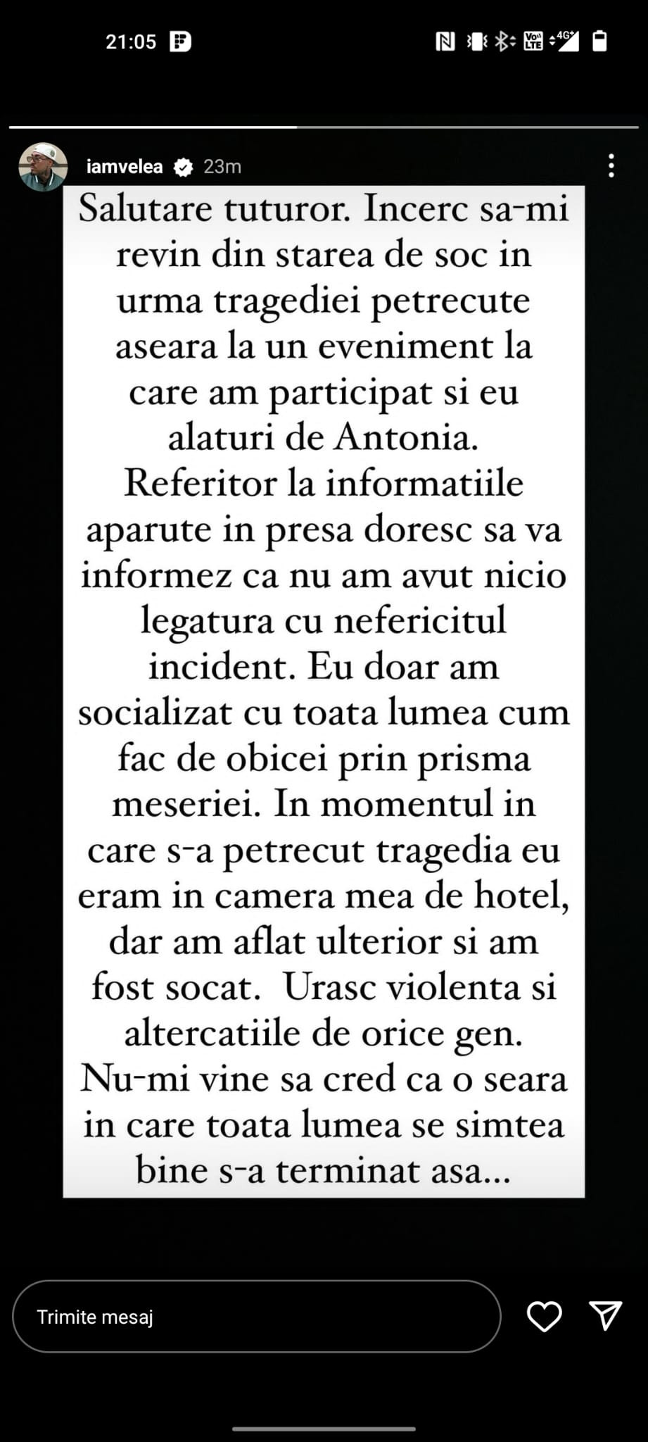 „Încerc să îmi revin. Eu doar am socializat”. Prima reacție a lui Alex Velea după crima de la petrecerea din Padina