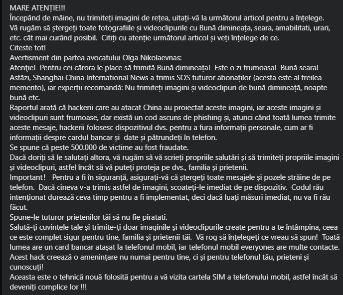 Mesajul viral care a îngrozit comunitatea „Bună dimineața la cafeluță”