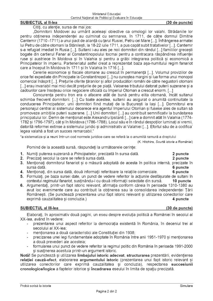 Subiecte istorie simulare BAC 2024