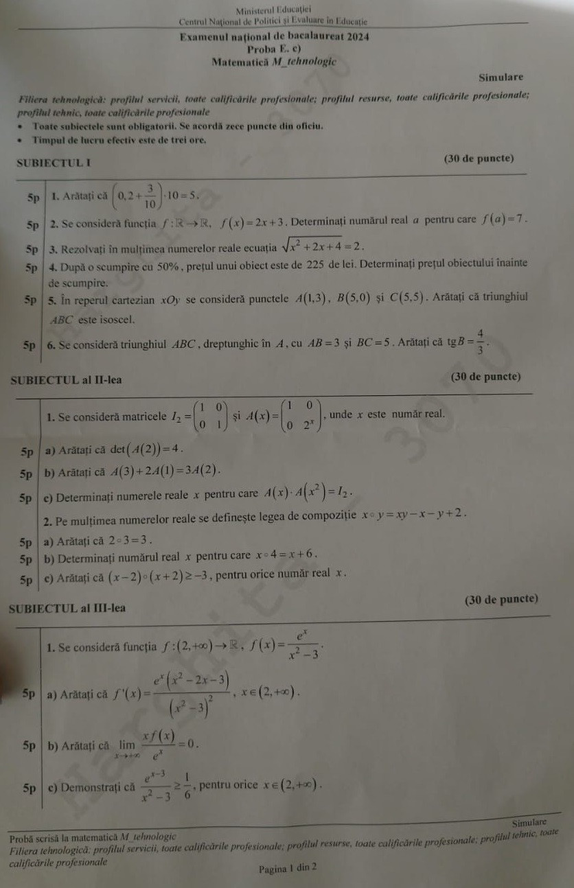 Subiecte mate simulare bac 2024