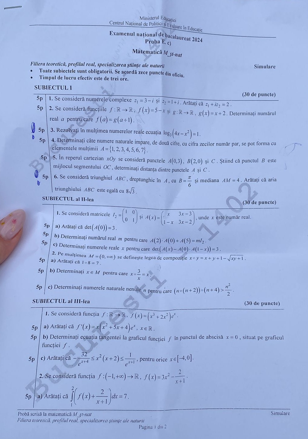 Subiecte mate simulare bac 2024