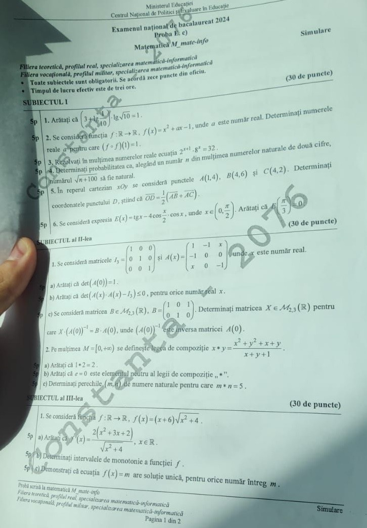 Subiecte mate simulare bac 2024