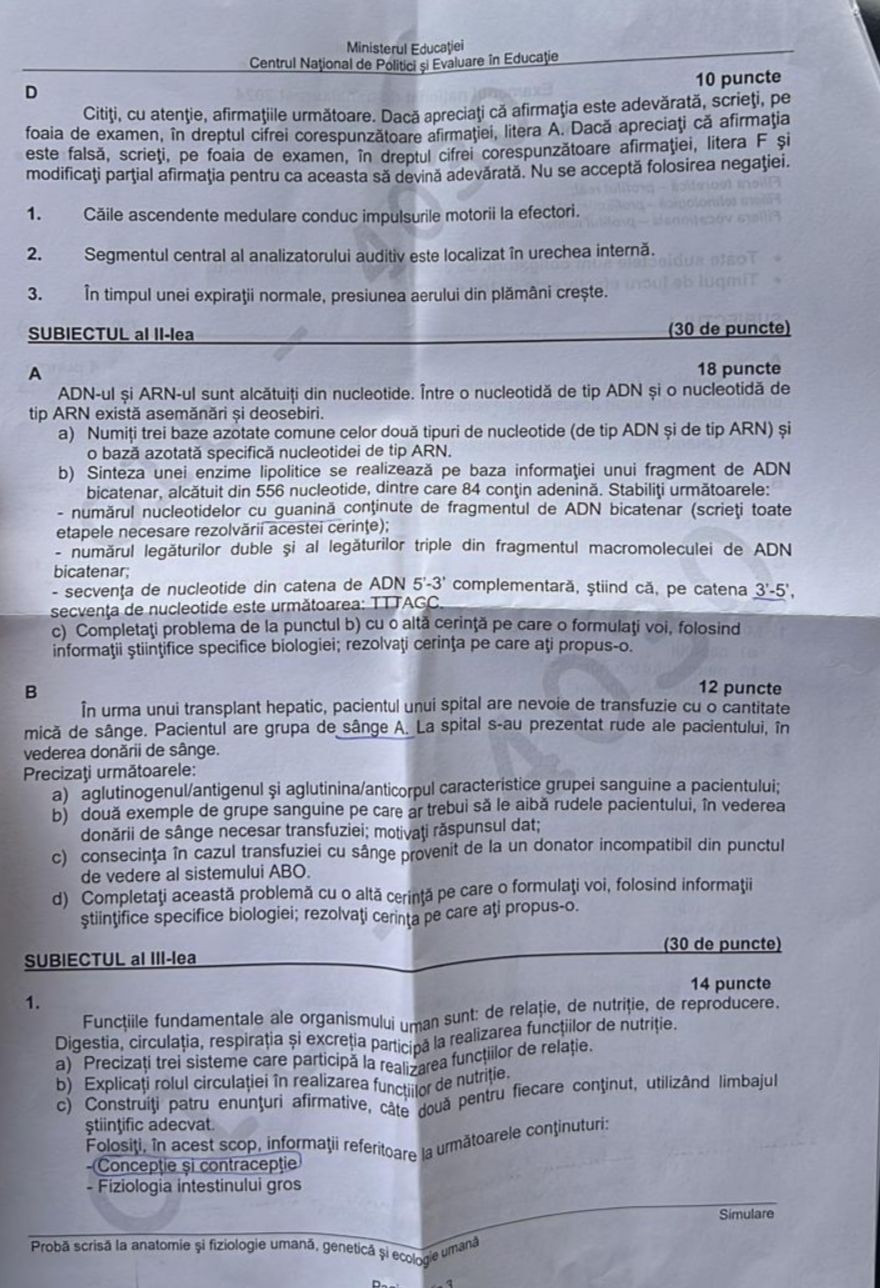 Subiecte Anatomie simulare BAC 2024