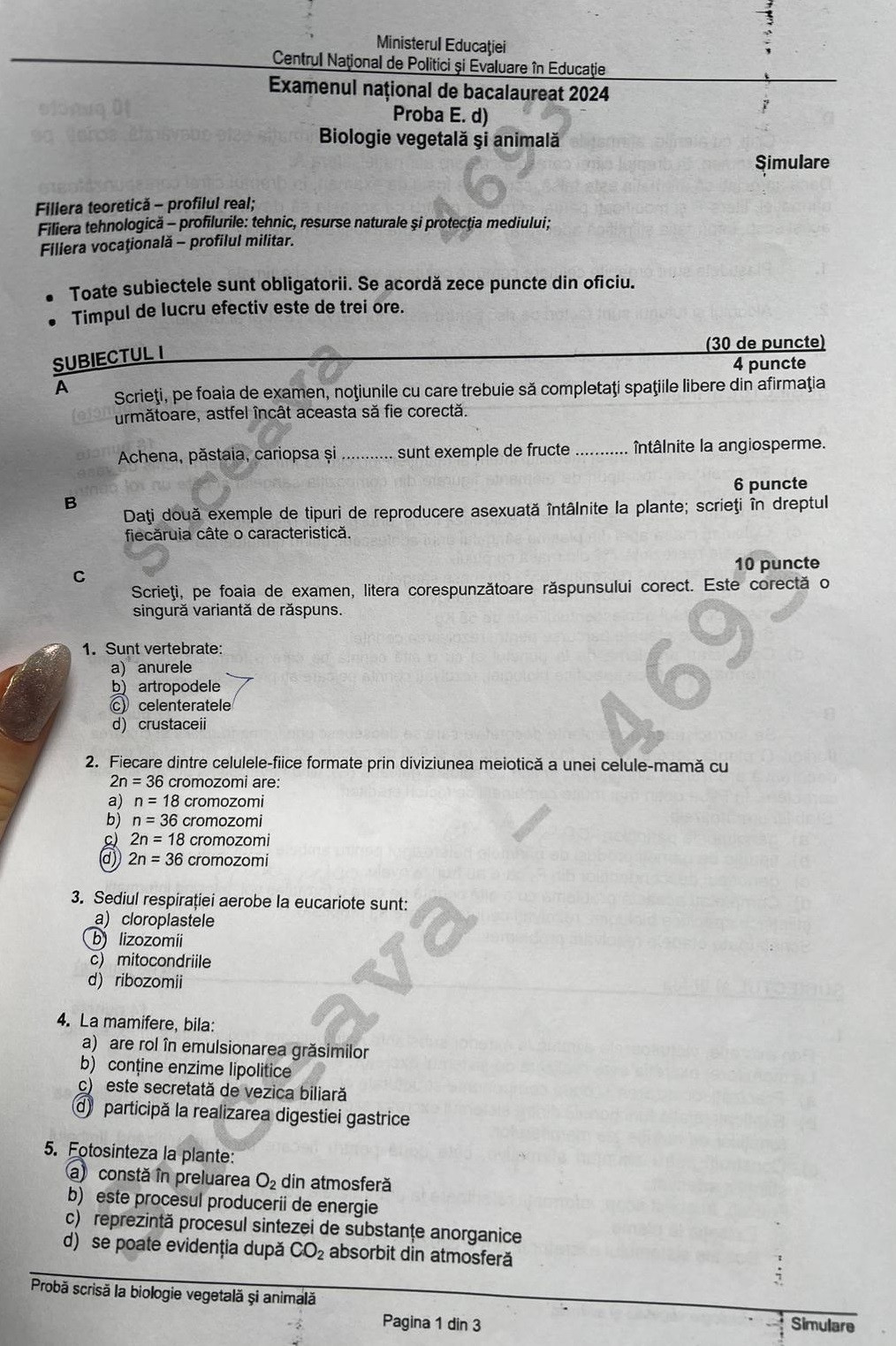 Subiecte bilogie vegetala simulare Bac 2024