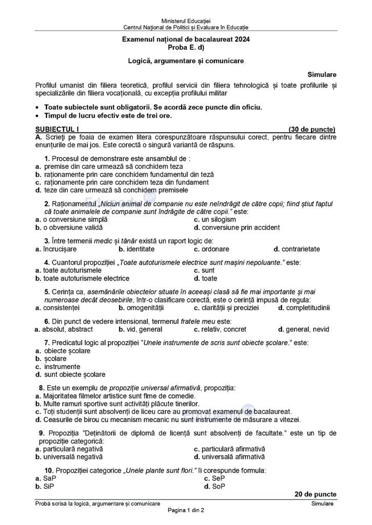 Subiecte logica simulare Bac 2024