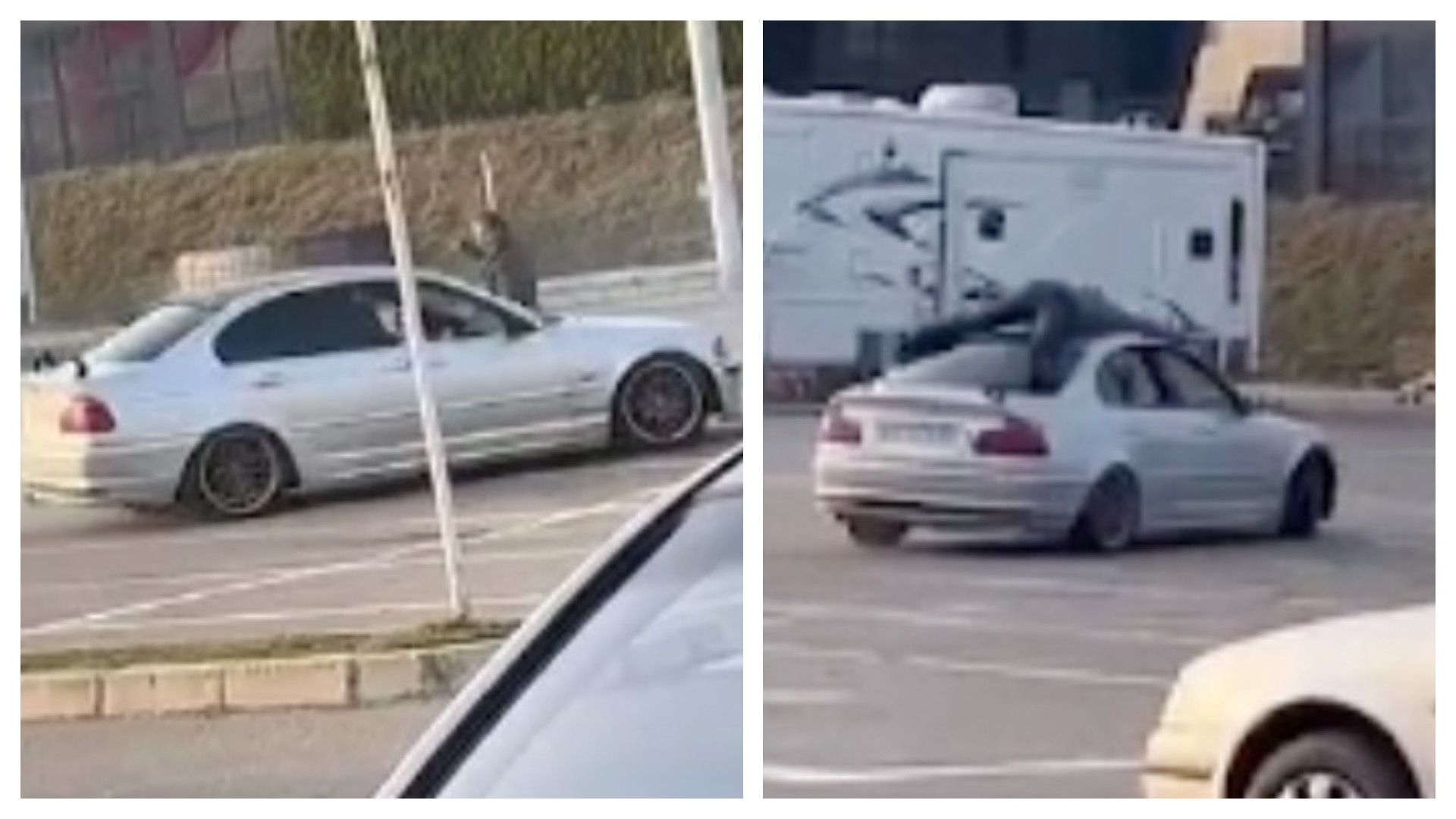 Drifturi periculoase în parcarea unui mall din Bacău. Manevra, executată cu un bărbat întins pe plafonul autoturismului