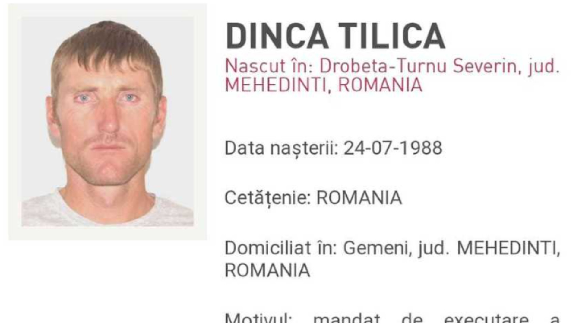 Bărbat din Mehedinţi, adus în ţară din Italia. Este condamnat la cinci ani de închisoare pentru tentativă de omor