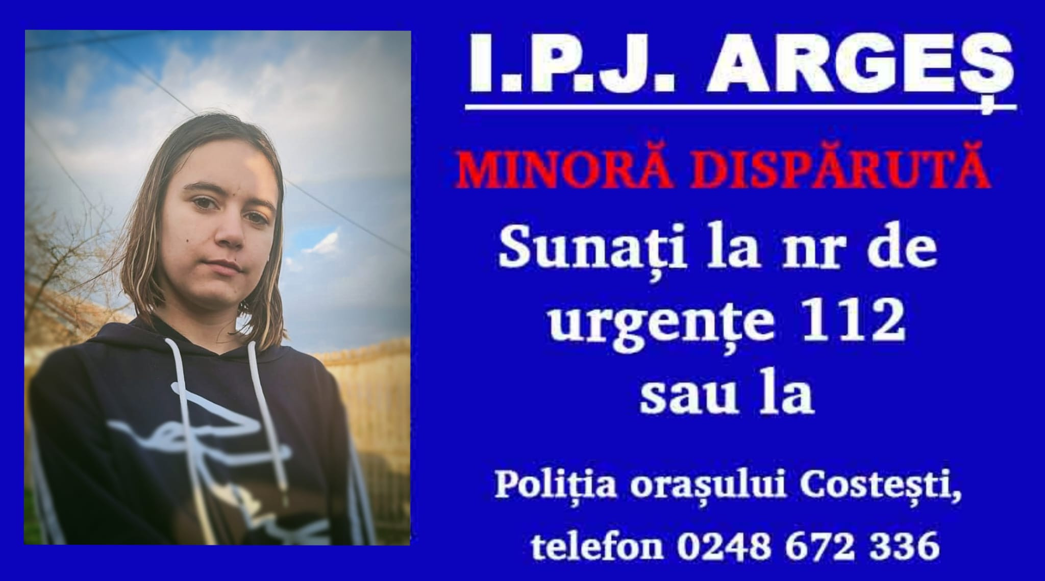 O adolescentă dintr-o comună din Argeș a plecat de acasă și este căutată de poliție. Ar fi ajuns în Pitești