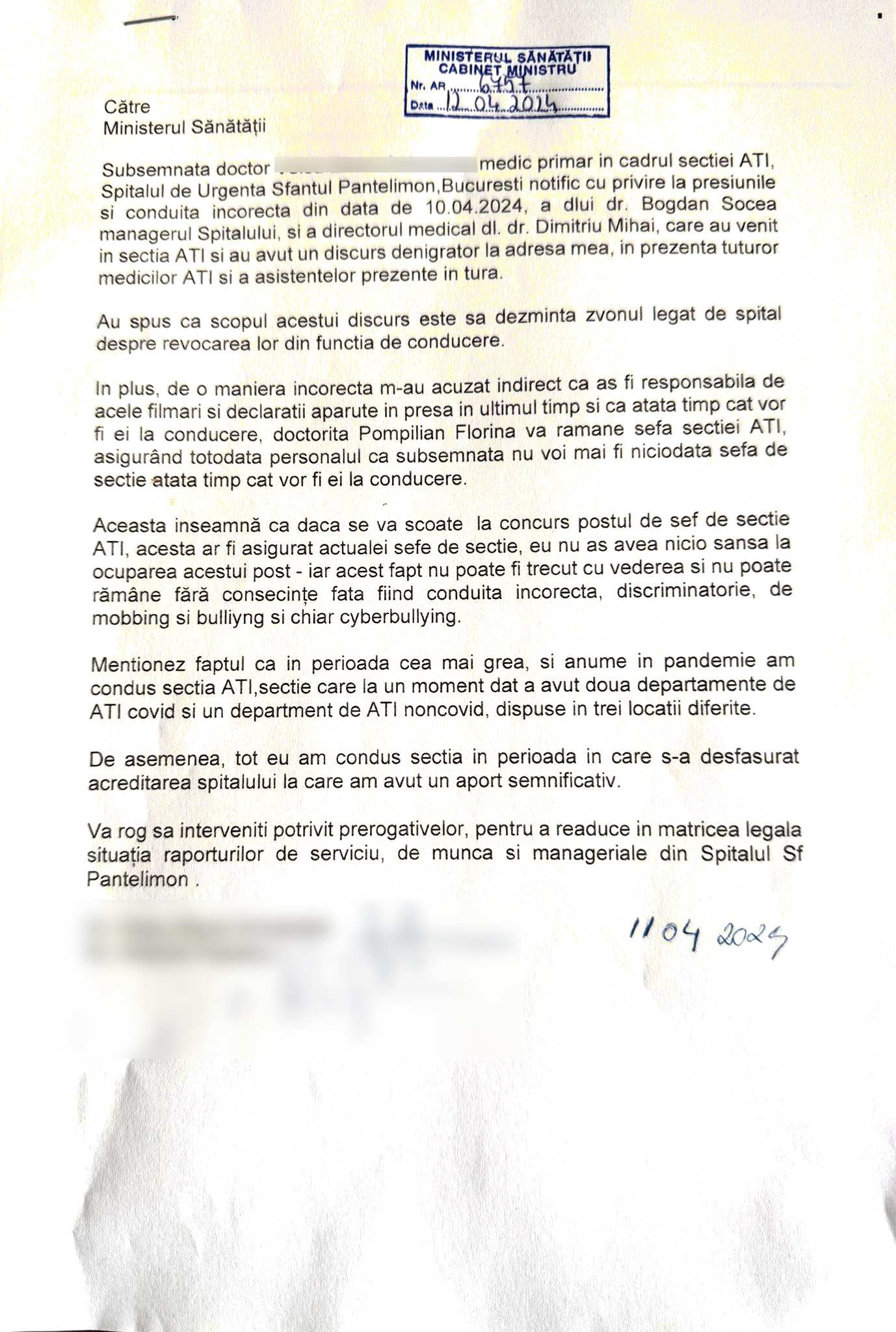 Scrisoarea doctoritei ATI Pantelimon