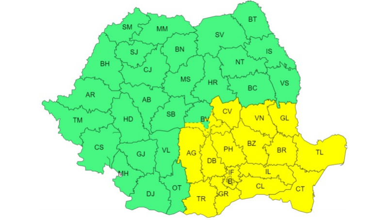Cod galben de ploi și vijelii pentru mai multe județe. Este valabil până joi. HARTĂ