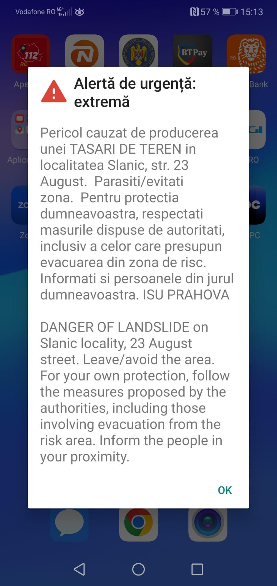 Mesaj RO-Alert în Slănic Prahova în zona în care s-a surpat strada. Autoritățile cer oamenilor să evacueze imediat