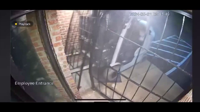 Momentul în care trei hoți dau spargerea într-un magazin folosind un motostivuitor. Au furat mai multe arme și au fugit