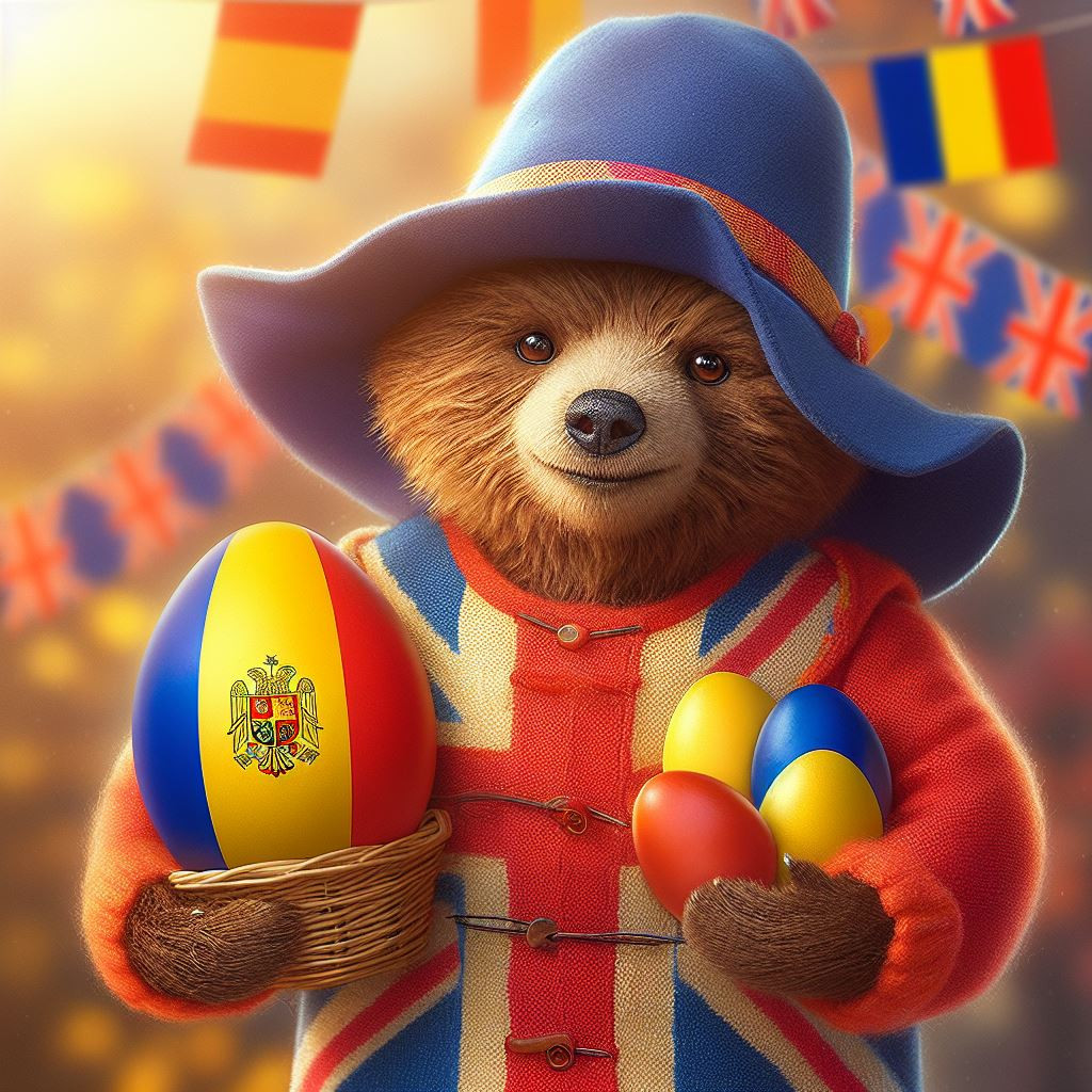Ursulețul Paddington cu ouă tricolore, postat de Paște de Ambasada Britanică în România: ”Este pur și simplu adorabil”