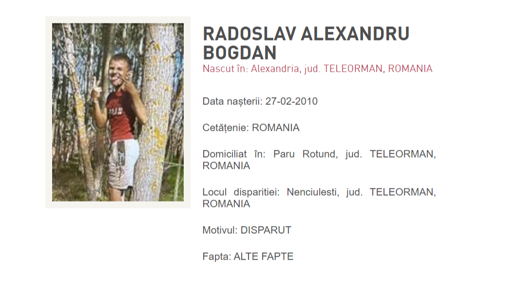 Un copil de 14 ani din Teleorman a fost dat dispărut după ce nu s-a mai întors de la şcoală. Poliția face apel la populație