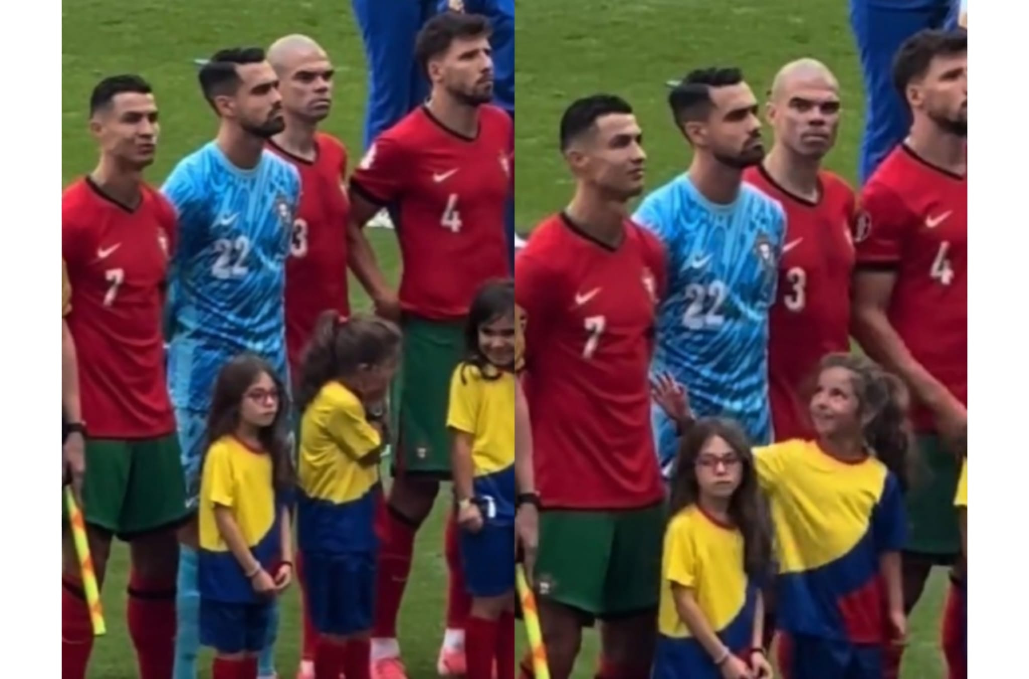 Reacția unei fetițe care a stat lângă Cristiano Ronaldo la momentul intonării imnurilor la meciul Portugalia – Turcia. VIDEO
