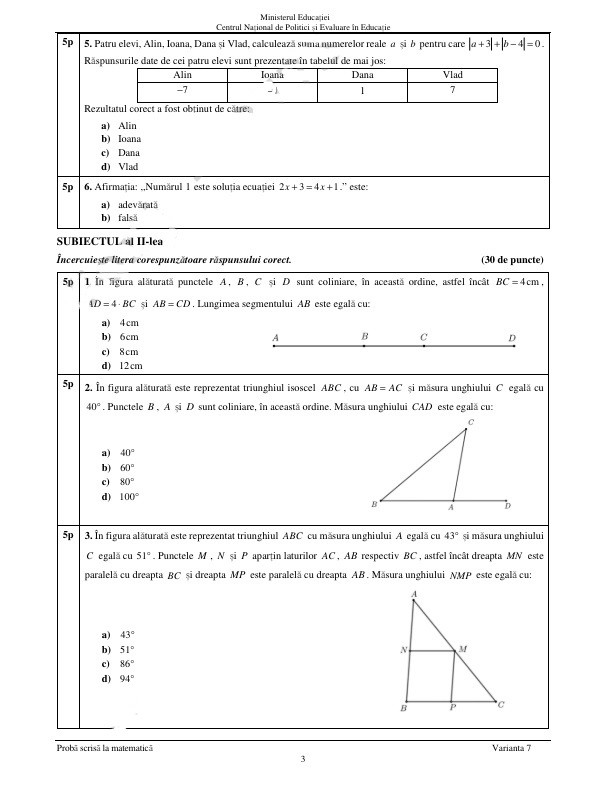 Subiecte matematica evaluare nationala