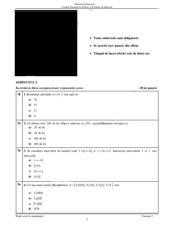 Subiecte matematica evaluare nationala