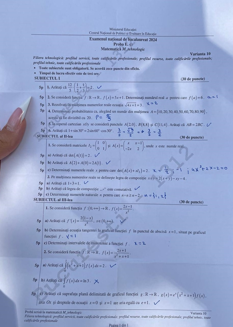 Subiecte matematica bac 2024