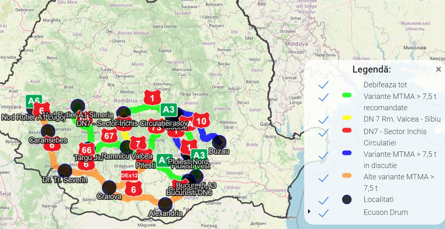 Valea Oltului, rute ocolitoare recomandate oficial de către CNAIR. Harta cu traseele rutiere pentru șoferi