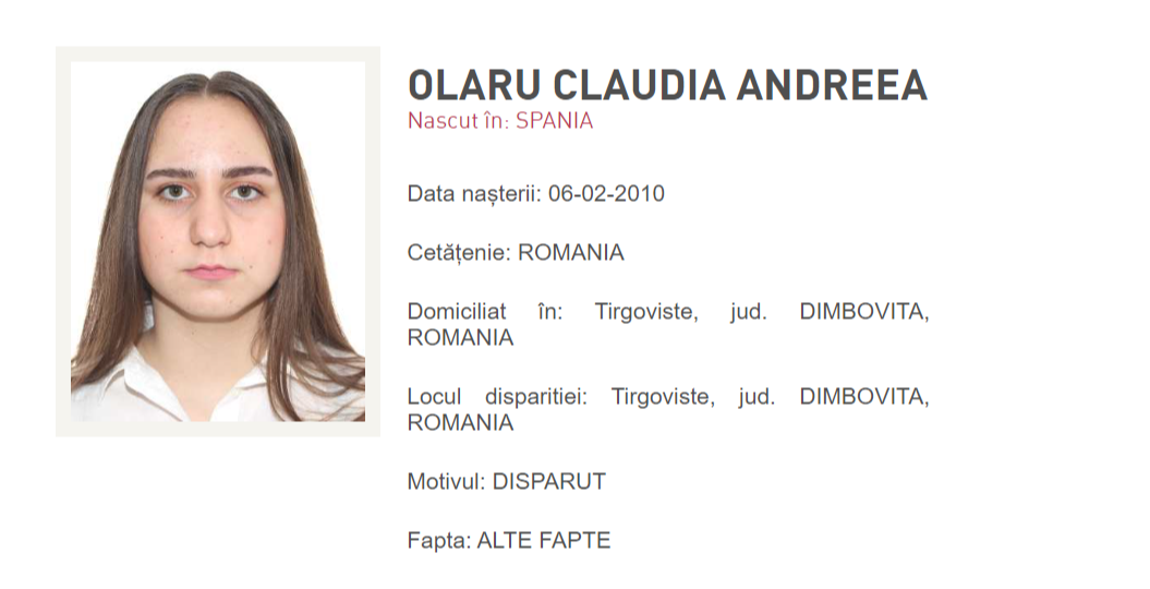 O fată de 14 ani din Târgovişte a fost dată dispărută după ce a plecat de acasă şi nu s-a mai întors