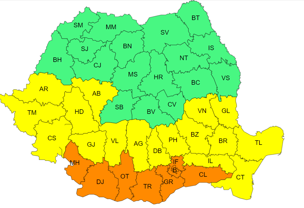 Harta cod galben și portocaliu de canicula