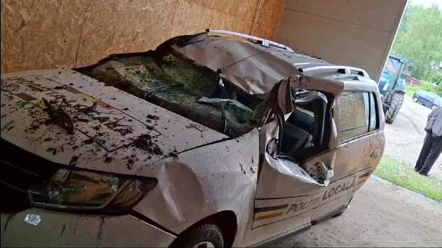 În județul Bacău, vijelia a pus la pământ un arbore, care a căzut peste o mașină în care erau doi agenți de la poliția locală