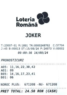 Bilet c&acirc;știgător Joker 15 septembrie