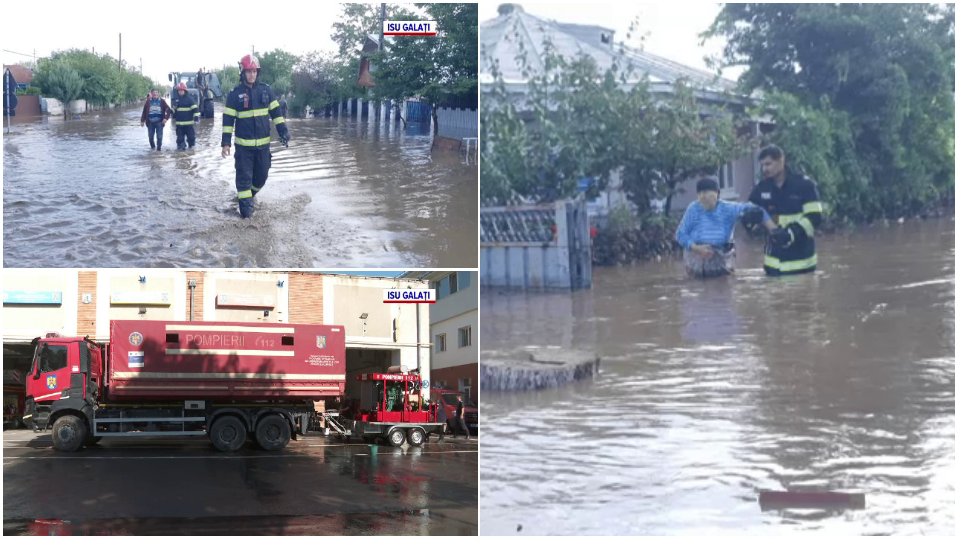 Momentul în care o ambulanță este surprinsă de viitură, în Galați. Șoferul și asistenta, salvați în ultima clipă de pompieri