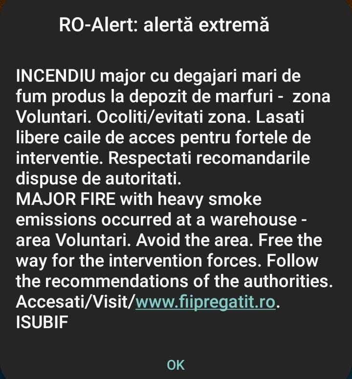 Incendiu cu flacără şi degajări de fum la un depozit din Voluntari. A fost emis mesaj RO-Alert