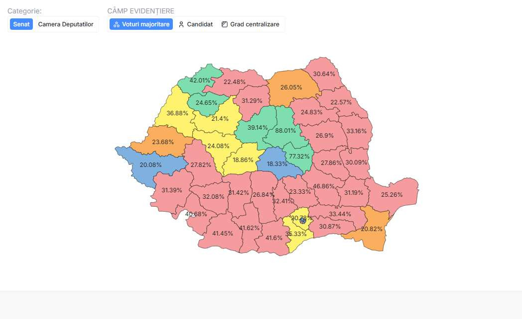 harta distribuției voturilor pe județe la Senat