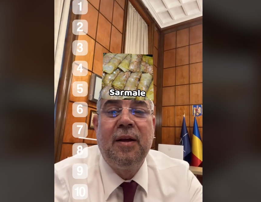 Marcel Ciolacu, viral pe TikTok cu sarmale pe cap, din biroul său de prim-ministru al României | VIDEO