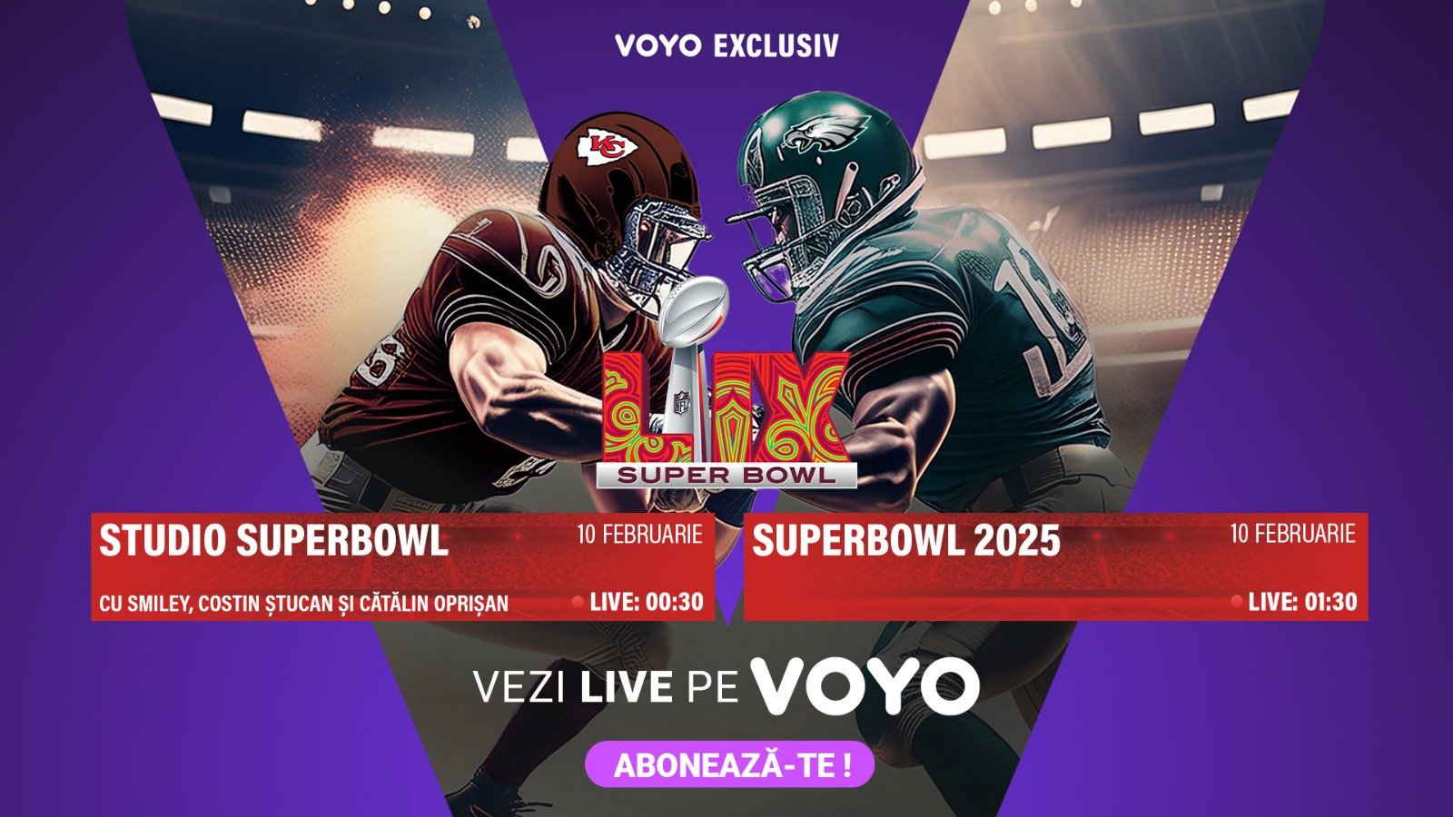 Super Bowl 2025 va fi LIVE pe VOYO. Costin Ștucan, Cătălin Oprișan și Smiley, invitați într-o ediție specială