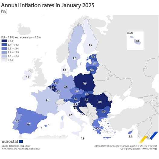 Eurostat: Ungaria, România şi Croaţia au avut cele mai ridicate rate anuale ale inflaţiei din UE în ianuarie 2025
