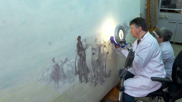 Cea mai mare pictură din seria „Car cu boi” va fi expusă la Palatul Culturii din Iași, pentru prima dată după restaurare