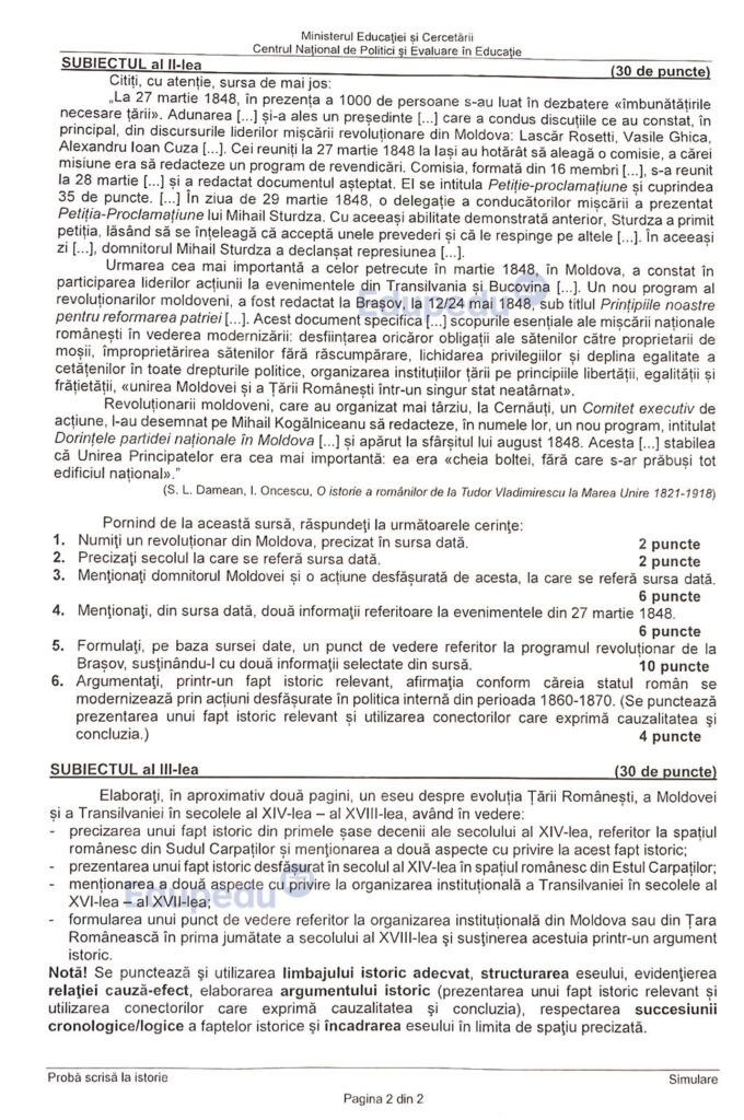 Subiecte istorie simulare