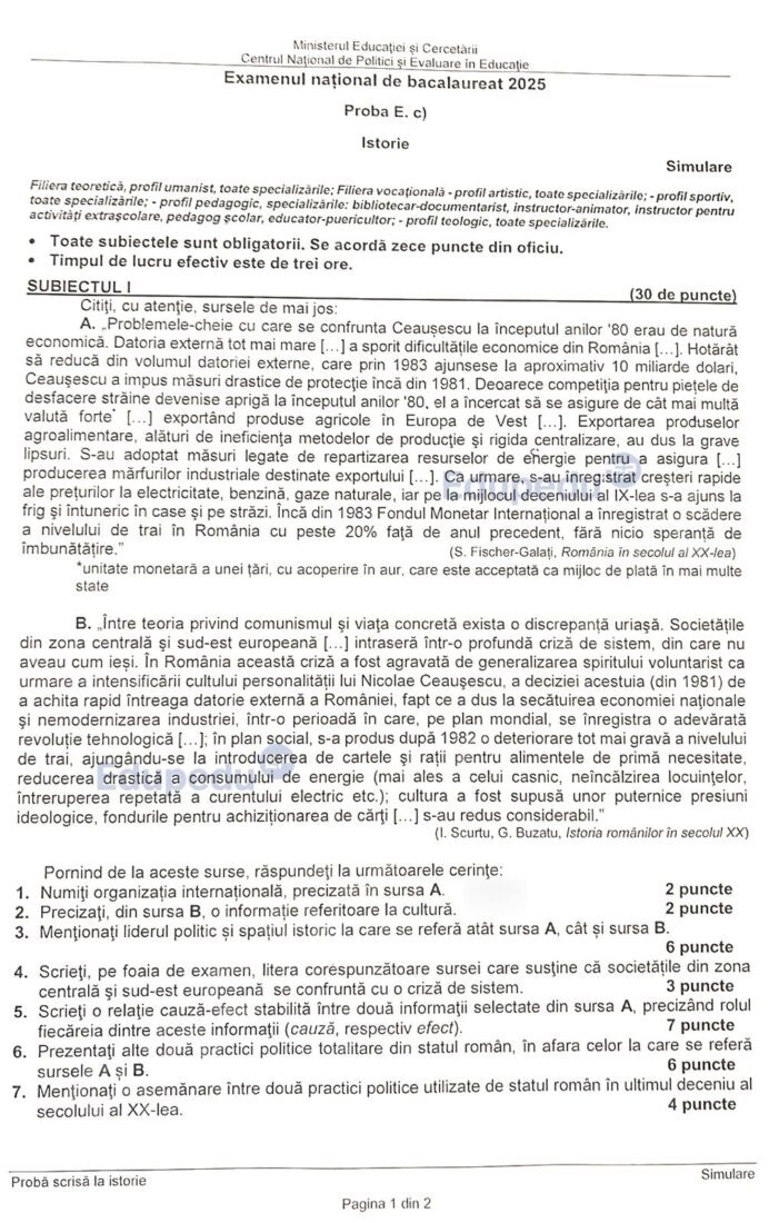 Subiecte istorie simulare