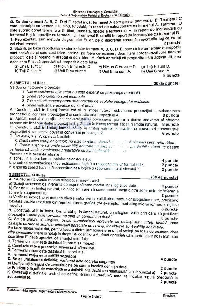 Subiecte simulare Logica Bac 2025
