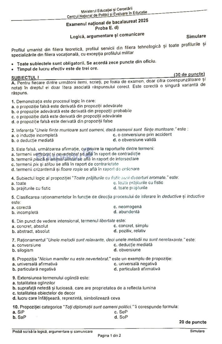 Subiecte simulare Logica Bac 2025