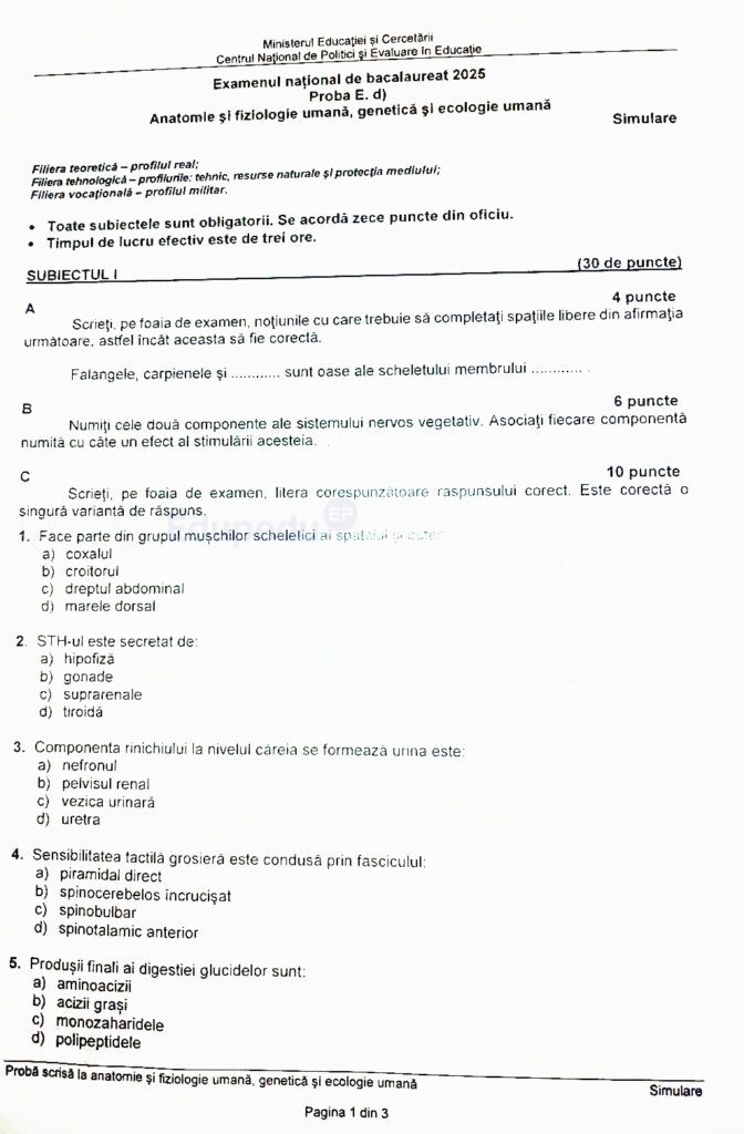 subiecte Anatomie simulare bac 2025