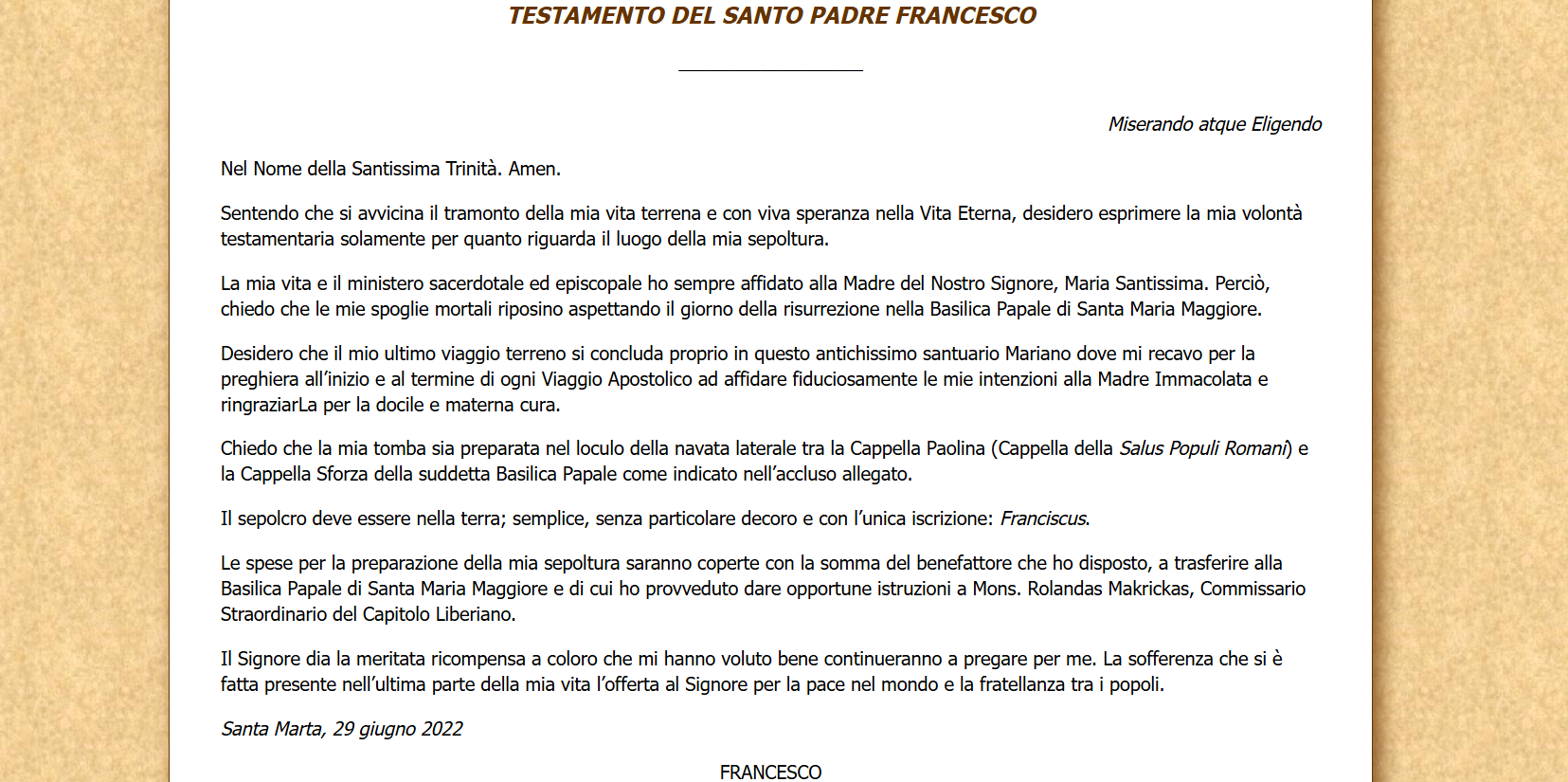 Testamentul Papei Francisc