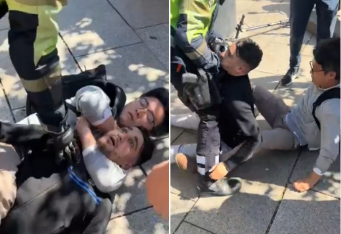 Reacția unui turist după ce un hoț a încercat să îi fure aparatul foto, în Barcelona. Momentul a devenit viral